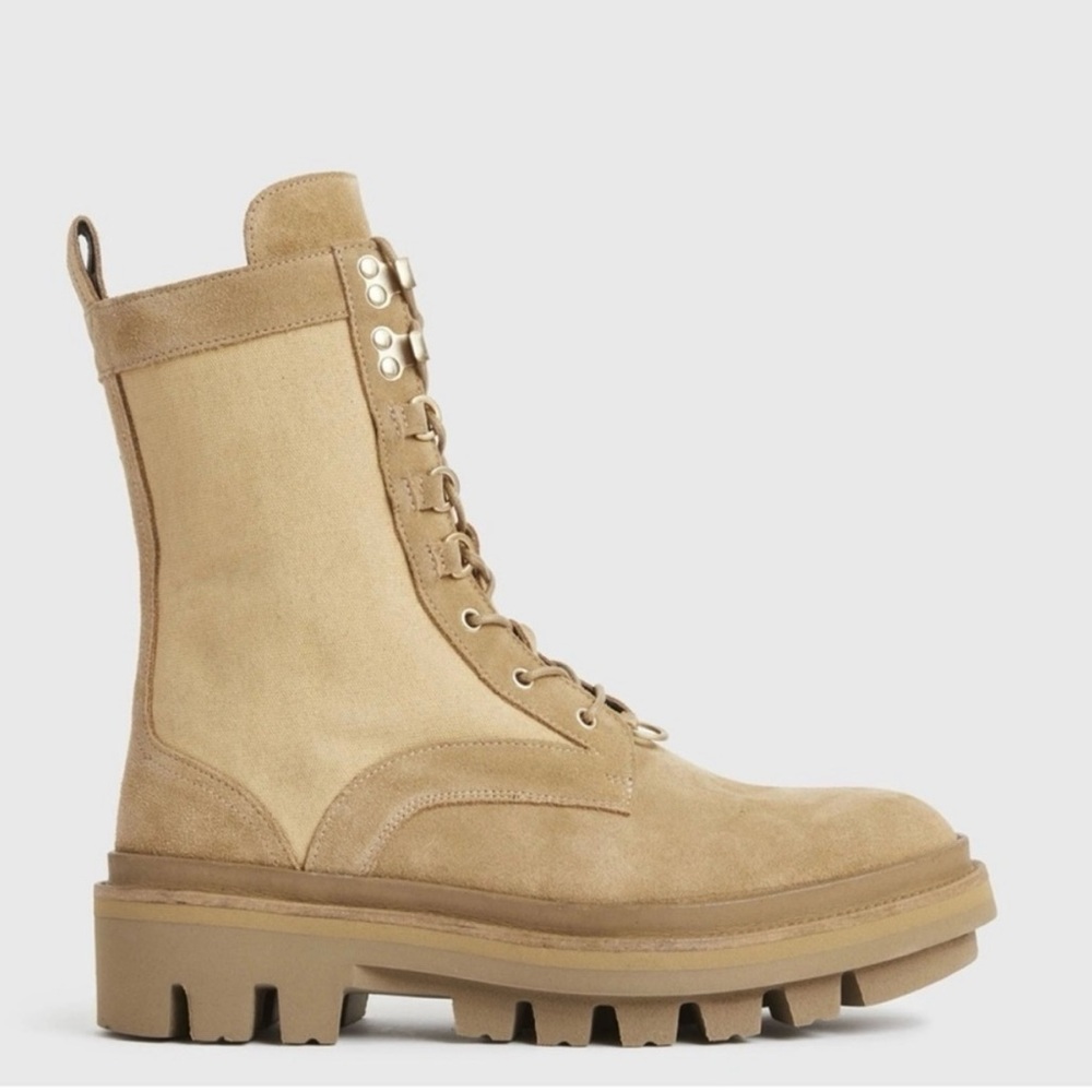 All Saints Tan Suede Lace-Up Combat Boots